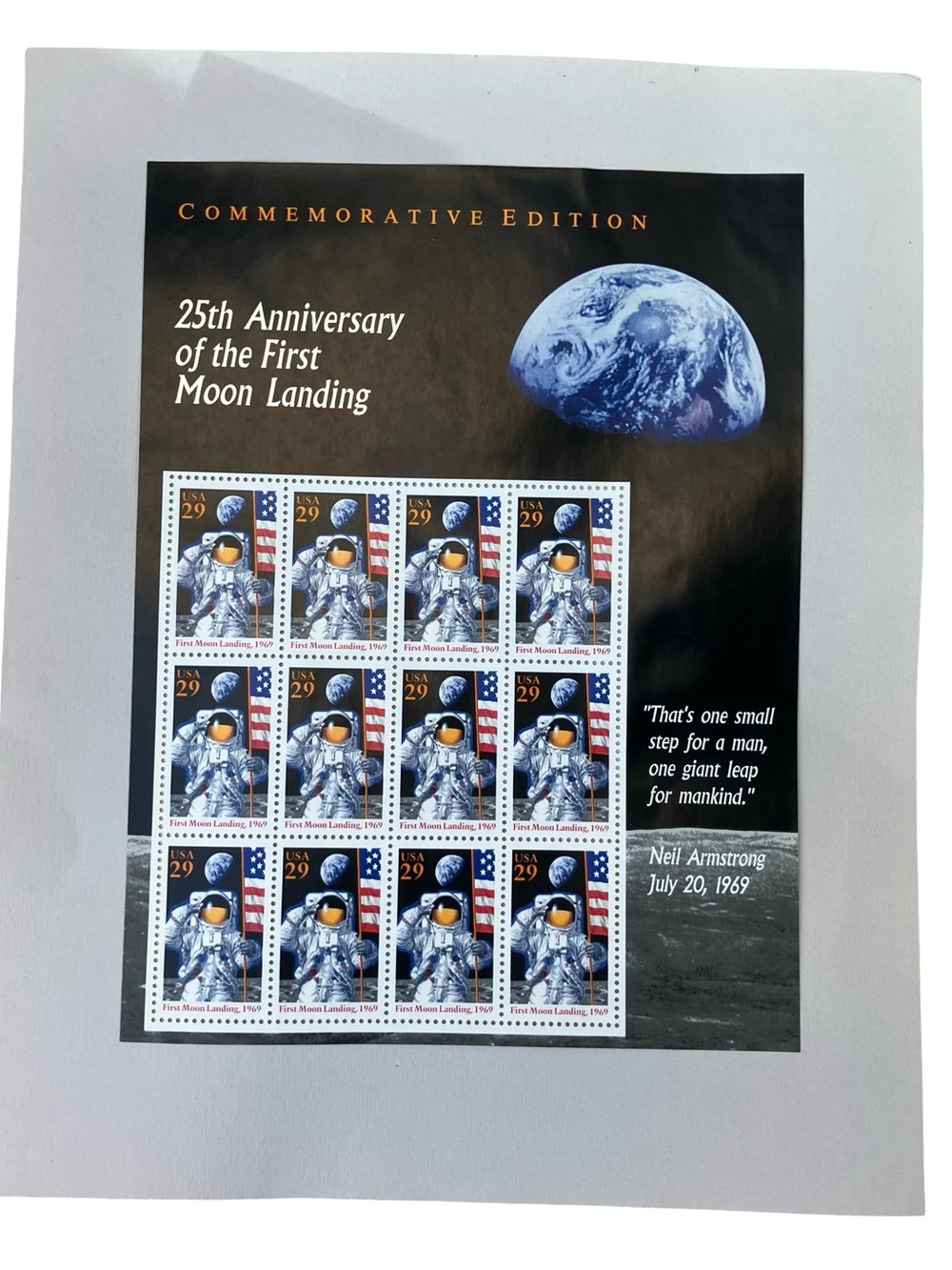 Commemorative 25th Anniversary Moon Landing Stamp Sheet Vintage